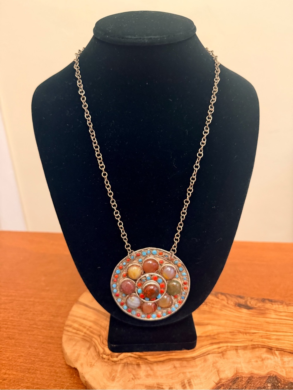 Vintage Tibetan Nepalese Multi Stone Mandala Pendant Necklace Turquoise Coral